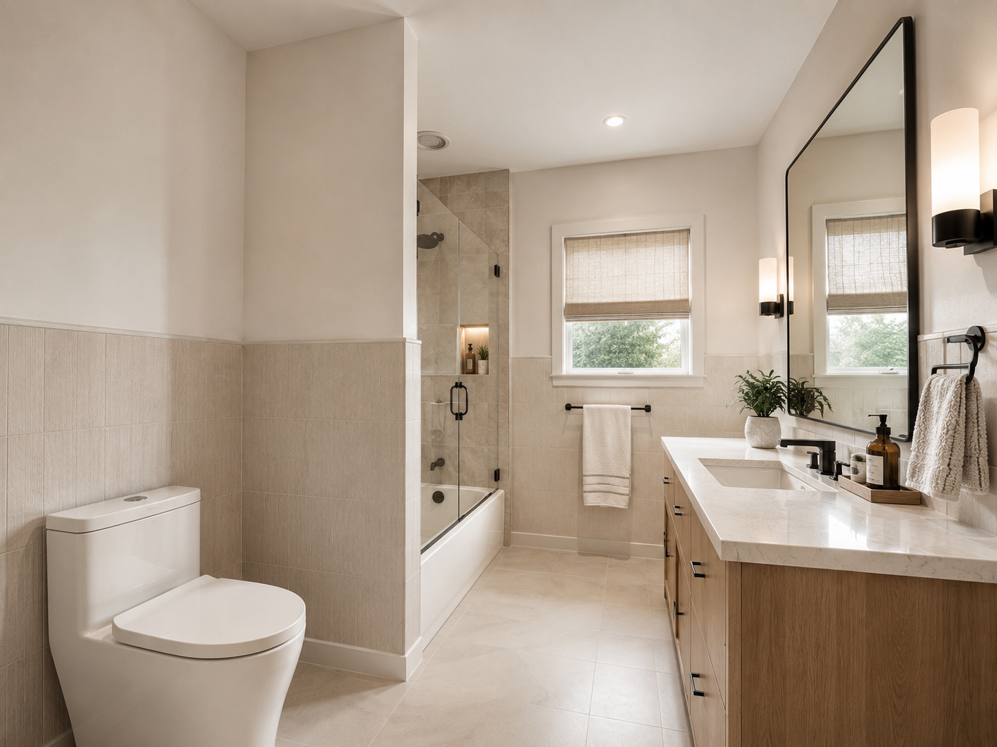 The same bathroom remodeled with warm neutral tile, a wood vanity and stone countertop, matte-black fixtures, and a glass-front tub and shower